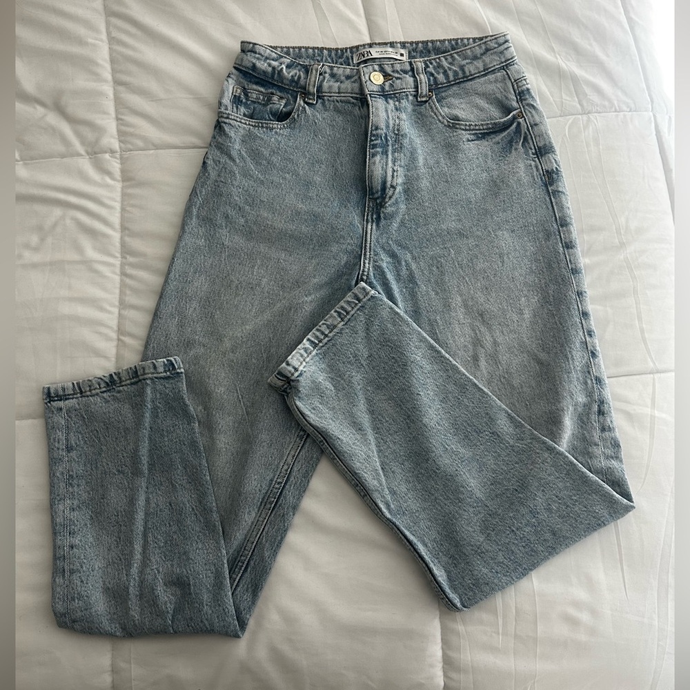 Zara Light Wash High Rise Straight Leg Jeans
